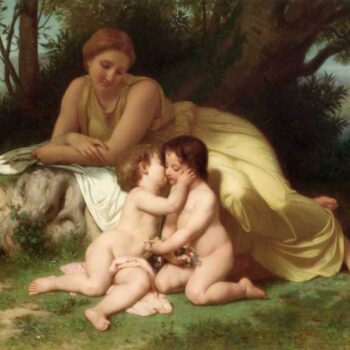 Young Woman Contemplating Two Embracing Children