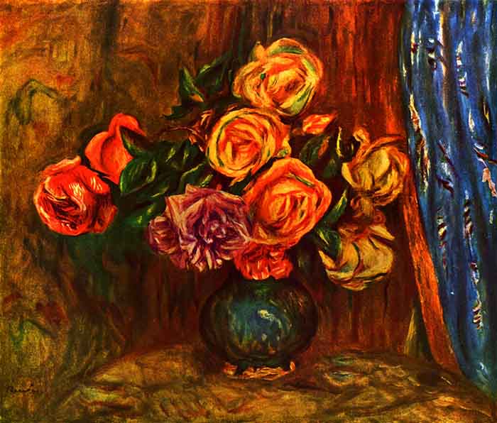Still Life Roses Before a Blue Curtain by Renoir