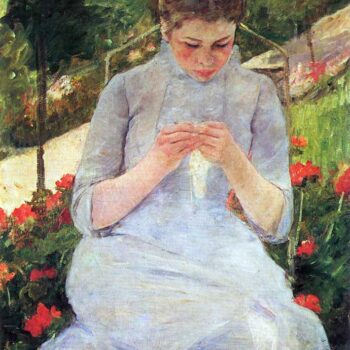 Young Woman Sewing in The Garden by Cassatt