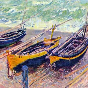 Three Fishing Boats in Eretrat by Monet