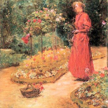 Woman Cuts Roses in a Garden by Hassam