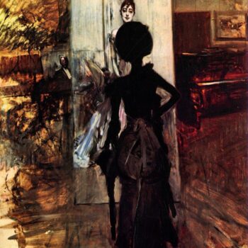 Woman in Front of The Painting 'White Pastel Picture' by Giovanni Boldini